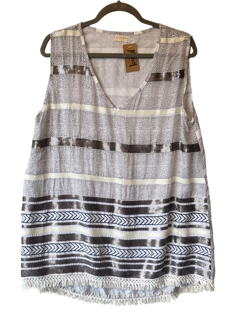Lula Soul tank top L White Gray NWT V-neck Sequins Boho fringe Viscose Womens